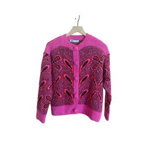 ZARA Knit Pink Paisley Button Cardigan Sweater Women’s Medium Boho Chunky Knit
